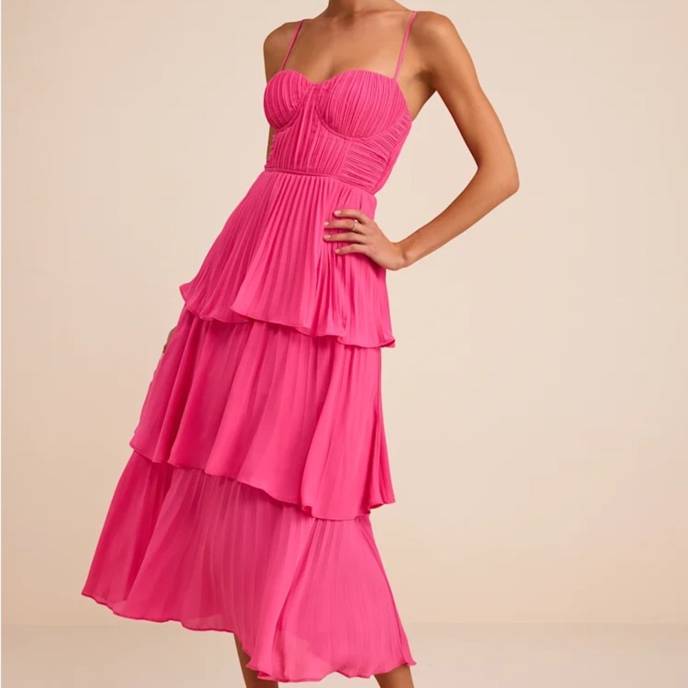 Lulu’s Hot Pink Tiered Midi Dress with Bustier Bodice